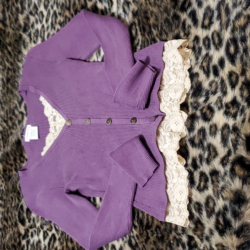 XS George purple & cream sweater blouse with lace; extra button on care tag